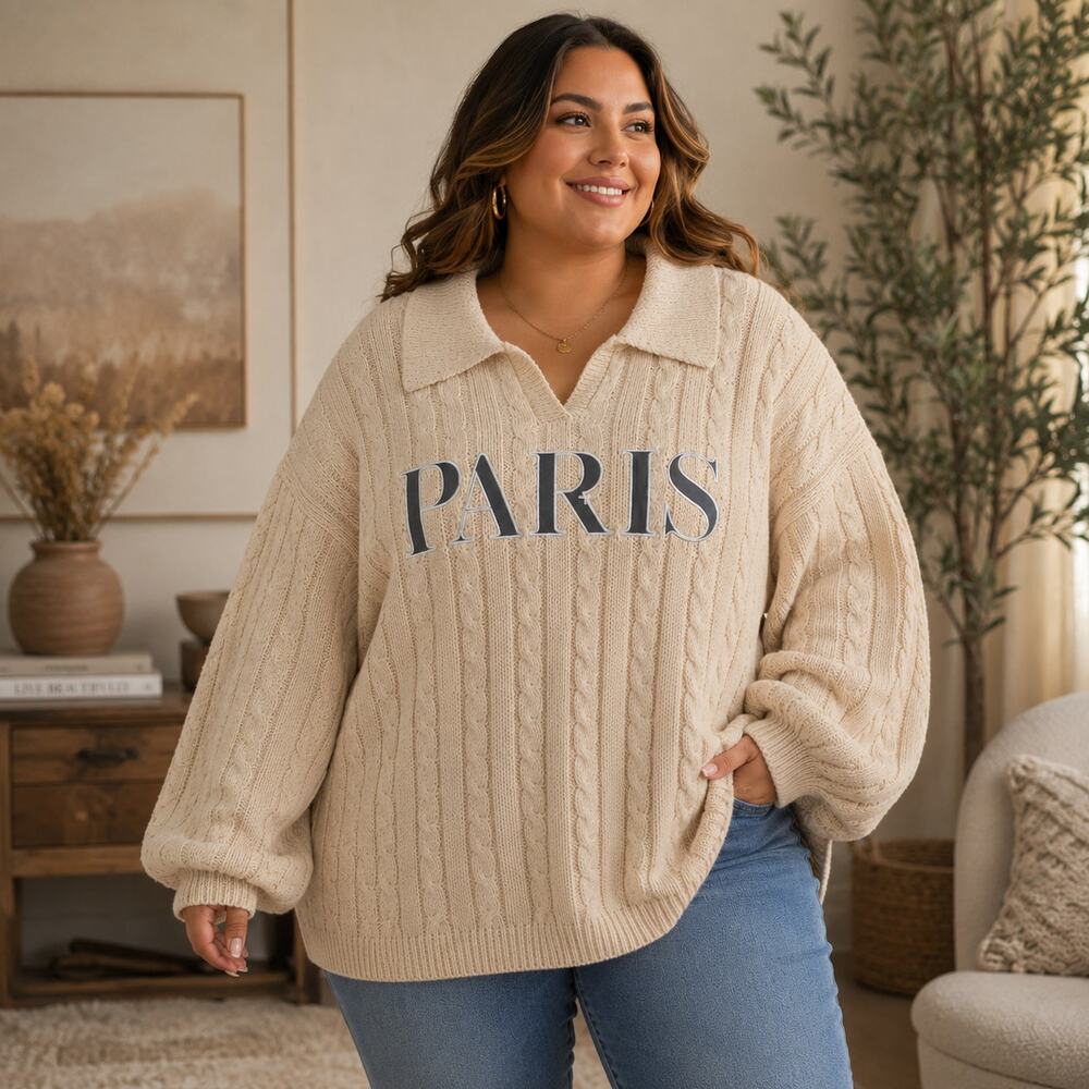 PrettyLittleThing Cable Knit Sweater Chunky Plus Size 20 Beige PARIS Oversized
